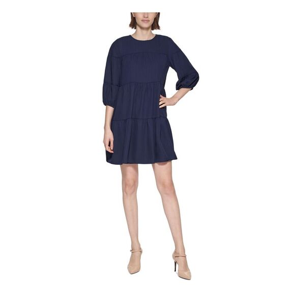 CALVIN KLEIN Womens Navy Back Lined 3/4 Sleeve Short Shift Dress Petites 4P - Picture 1 of 4